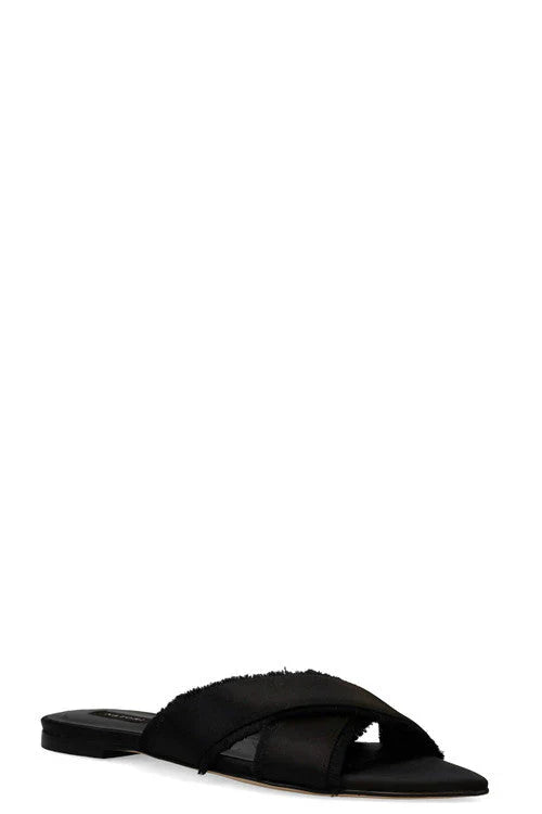Natori Wayu Satin Fringe Cross Slide Sandals - Black