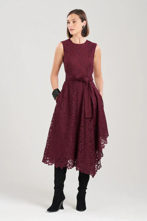 NATORI Scroll Lace Asymmetric Belted Dress - Bordeaux