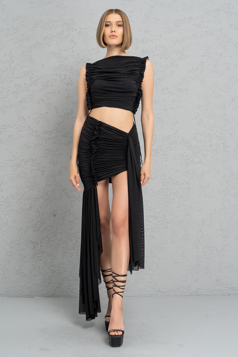 Kikiriki Women's Black Shirred Mesh Crop Top & Mini Skirt Set