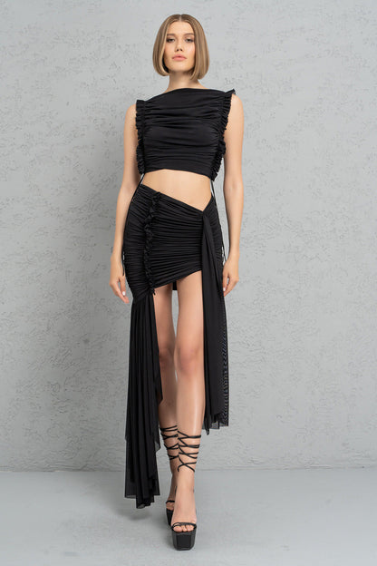 Kikiriki Women's Black Shirred Mesh Crop Top & Mini Skirt Set