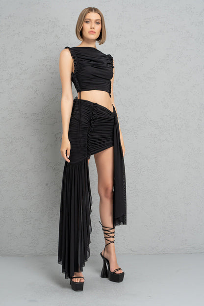 Kikiriki Women's Black Shirred Mesh Crop Top & Mini Skirt Set