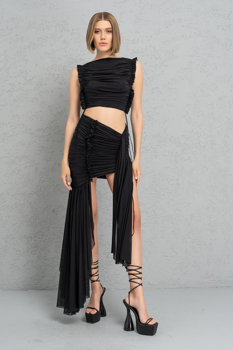 Kikiriki Women's Black Shirred Mesh Crop Top & Mini Skirt Set