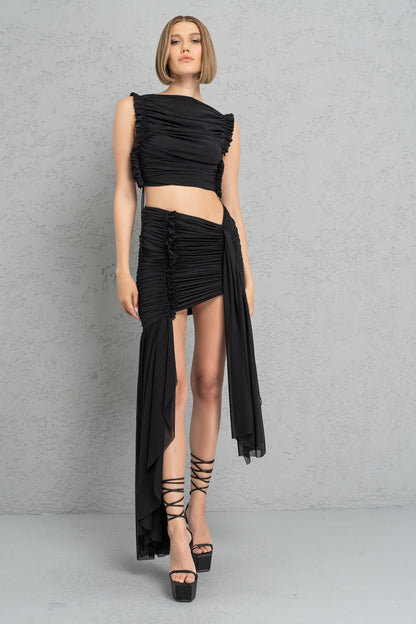 Kikiriki Women's Black Shirred Mesh Crop Top & Mini Skirt Set