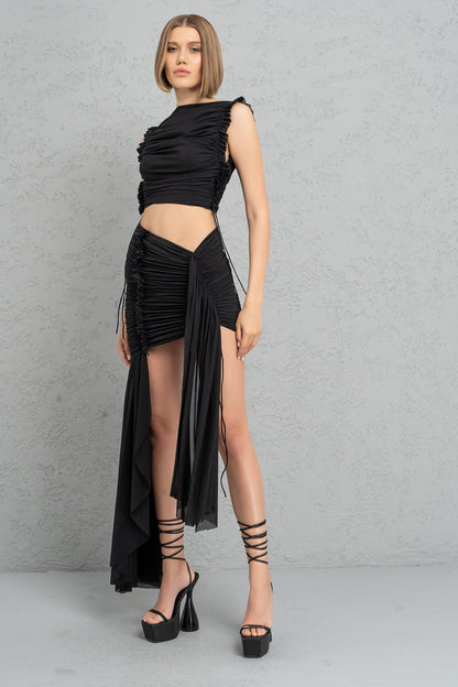 Kikiriki Women's Black Shirred Mesh Crop Top & Mini Skirt Set