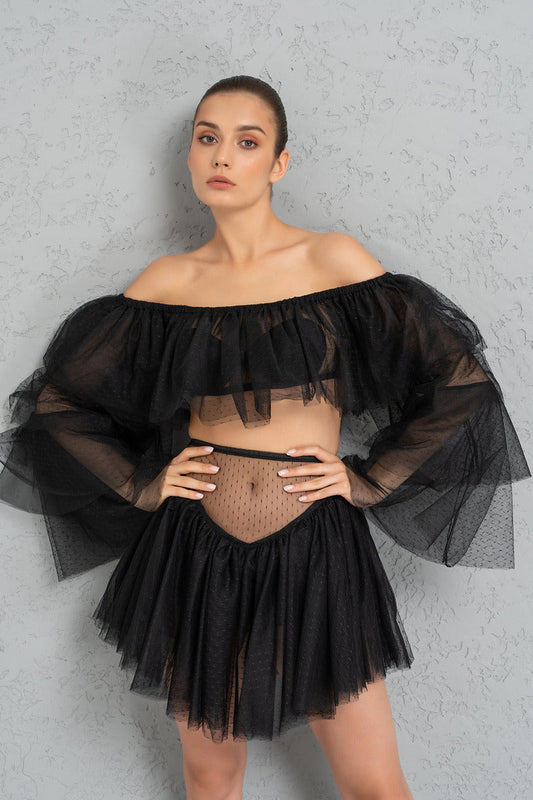 Kikiriki Women's Black Off-The-Shoulder Tulle Crop & Mini Skirt Set
