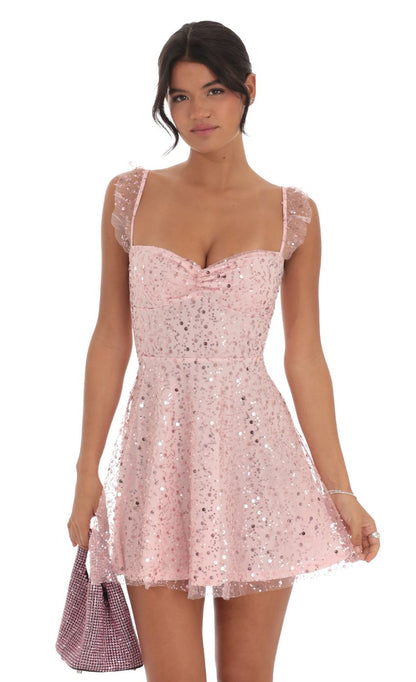 Lucy in the Sky Sequin Ruffle Strap A-Line Dress in Pink