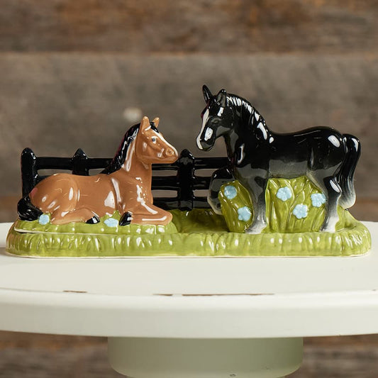 Cracker Barrel Horses Salt and Pepper Set with Holder