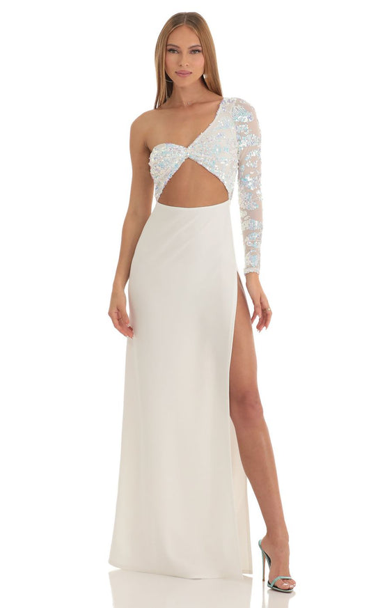 Lucy In The Sky Iridescent Sequin One Shoulder Maxi Dress in White