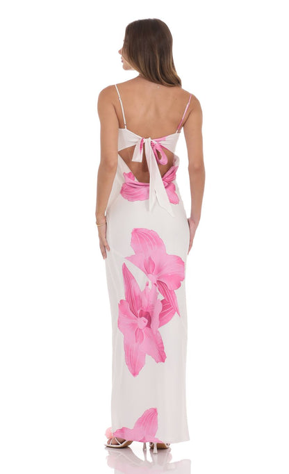Lucy in the Sky Satin Floral Open Back Maxi Dress in White