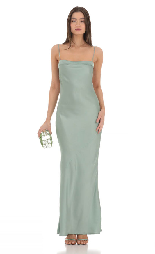 Lucy in the Sky Satin Open Back Maxi Dress in Sage