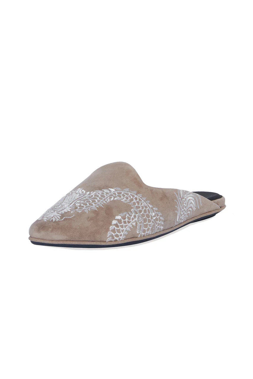 Natori Image Suede Dragon Embroidery Slide - Sandstone Suede