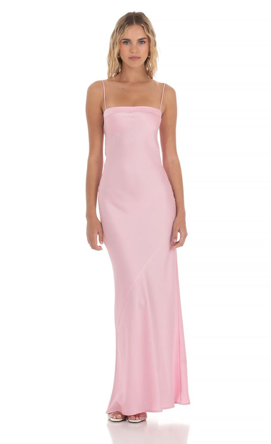 Lucy in the Sky Satin Open Back Maxi Dress in Pink