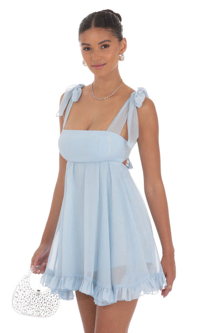 Lucy in the Sky Shimmer Ruffle Babydoll Dress in Blue