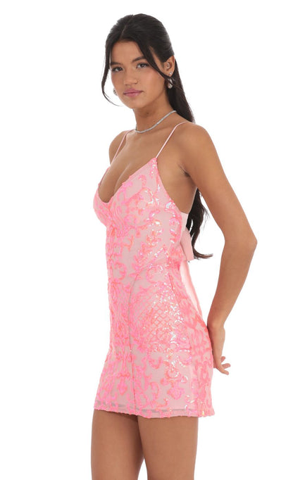 Lucy in the Sky Neon Sequin Bodycon Dress in Pink