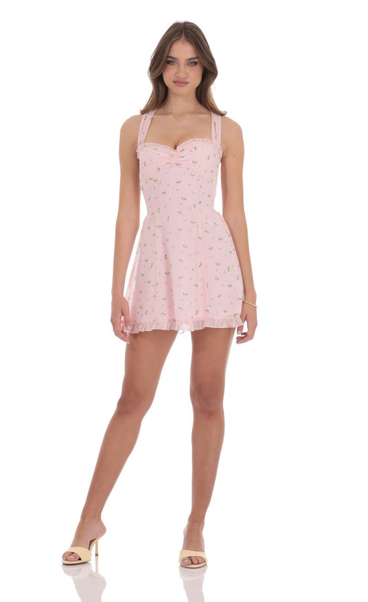 Lucy in the Sky Floral Strappy Back Bows Dress in Pink