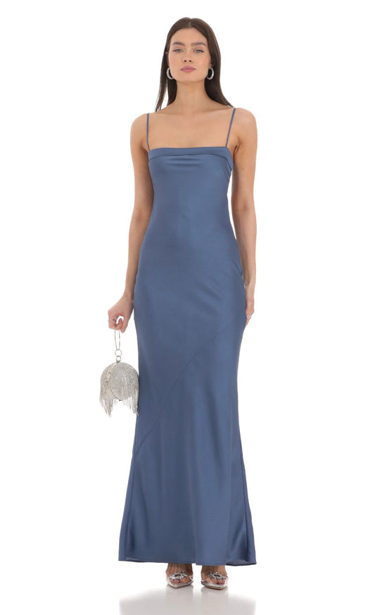 Lucy in the Sky Satin Open Back Maxi Dress in Blue