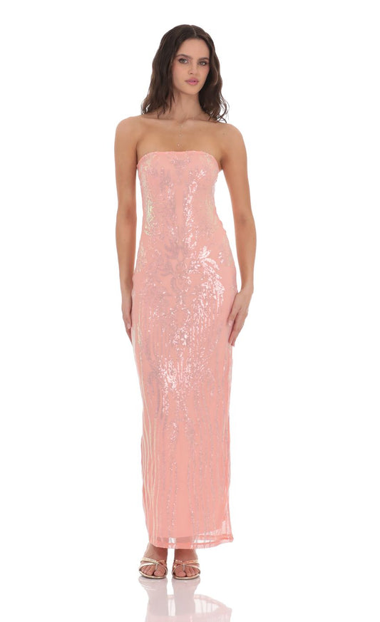 Lucy in the Sky Sequin Pattern Maxi Dress in Coral
