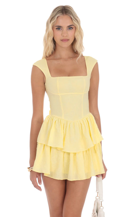 Lucy In The Sky Floral Jacquard Wide Strap Ruffle Dress in Yellow