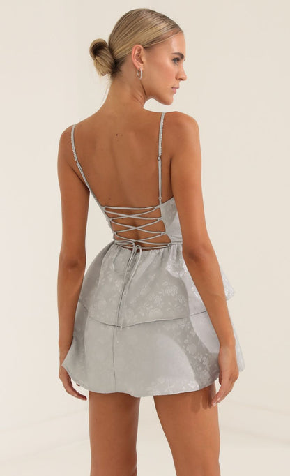 Lucy in the Sky Floral Jacquard Ruffle Dress in Grey