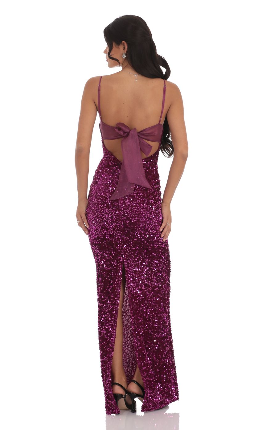 Lucy in the Sky Velvet Sequin Back Bow Maxi Dress in Plum