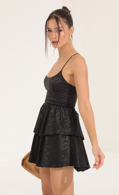 Lucy in the Sky Marble Jacquard Ruffle Dress in Black