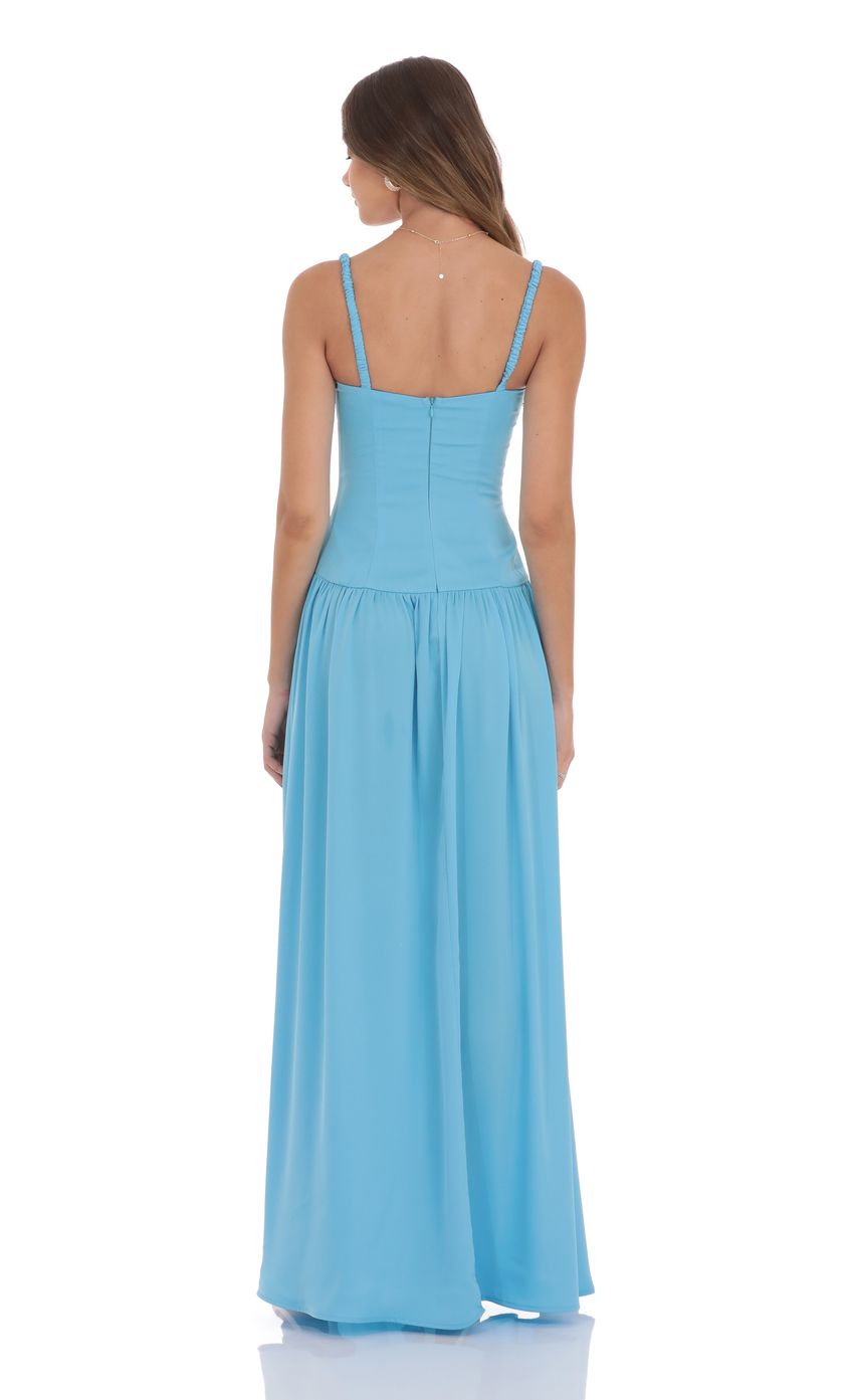 Lucy in the Sky Satin Ruched Bust Maxi Dress in Aqua Blue