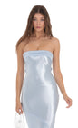 Lucy In The Sky Strapless Satin Open Back Maxi Dress in Light Blue