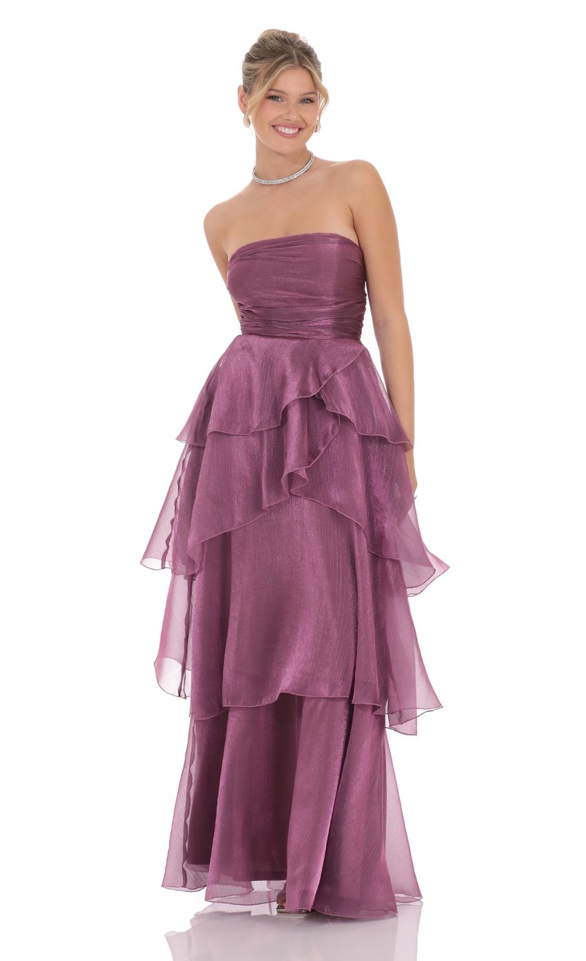 Lucy in the Sky Corset Petal Ruffle Strapless Maxi Dress in Purple