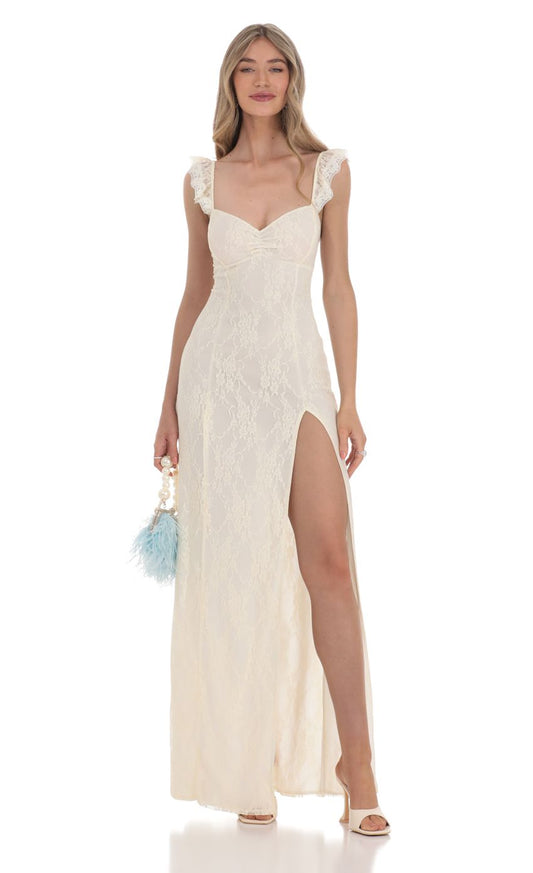 Lucy in the Sky Lace Ruffle Sleeve Maxi Dress in Cream