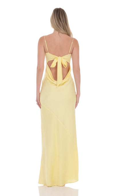Lucy in the Sky Satin Open Back Maxi Dress in Yellow