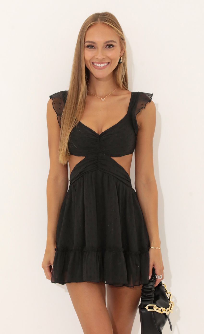 Lucy in the Sky Chiffon Striped Ruffle Dress in Black