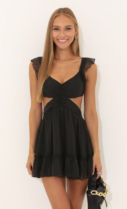 Lucy in the Sky Chiffon Striped Ruffle Dress in Black
