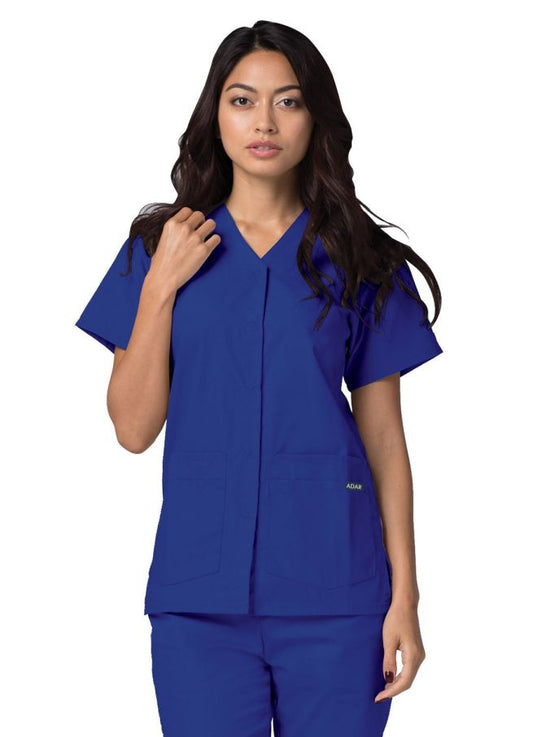 Adar Double Pocket Snap Front Top - Teal Blue - White - Royal Blue