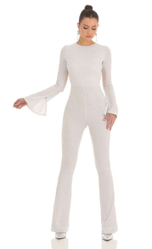 Lucy In The Sky Silver Shimmer Open Back Jumpsuit in White
