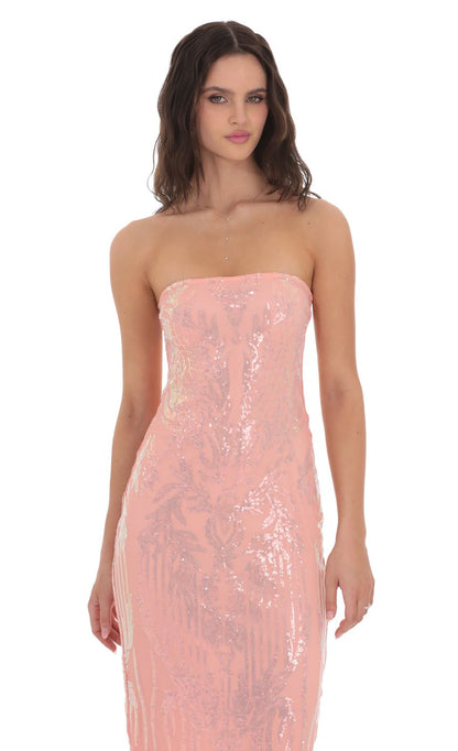 Lucy in the Sky Sequin Pattern Maxi Dress in Coral