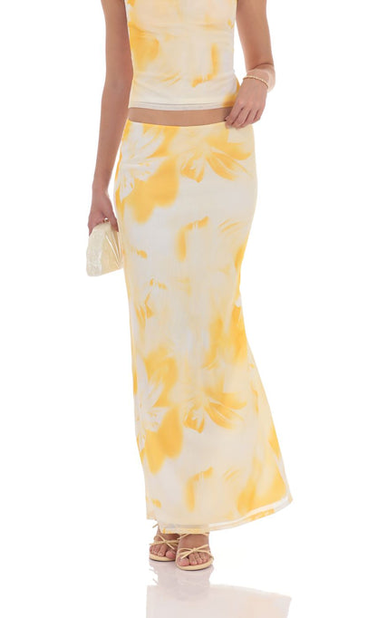 Lucy in the Sky Floral Cowl Neck Two Piece Set in Yellow