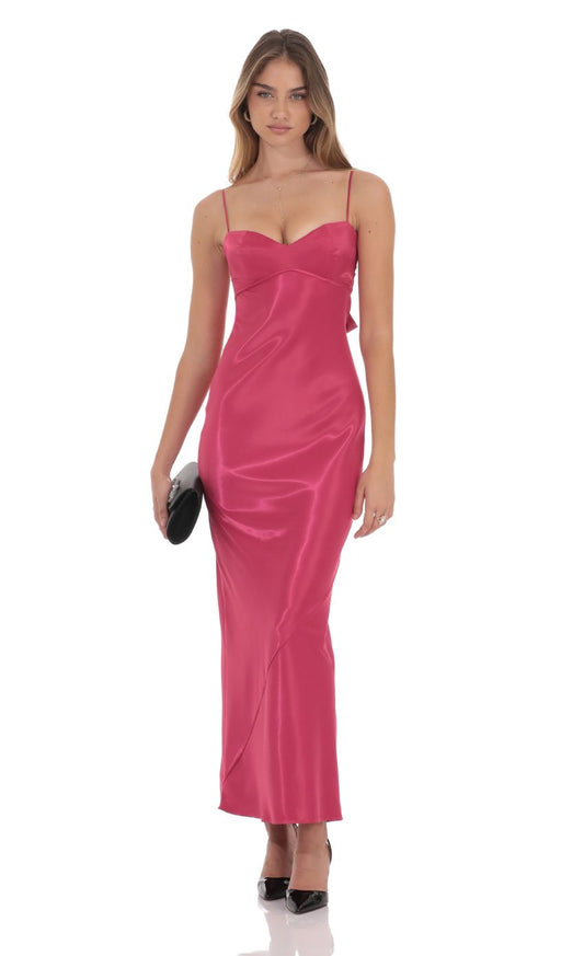Lucy in the Sky Satin Back Tie Maxi Dress in Magenta