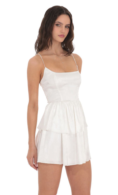 Lucy in the Sky Satin Jacquard Ruffle Dress in White