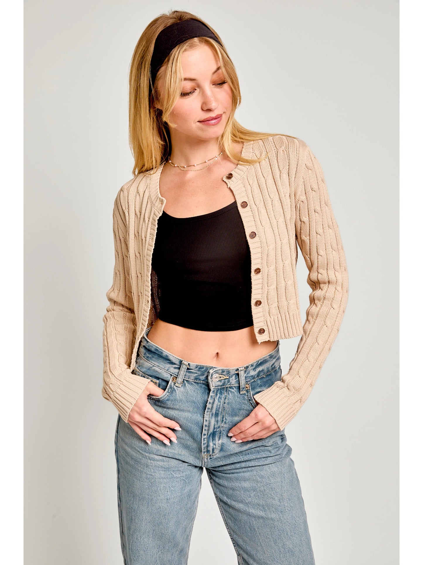 Ruby & Jenna Women's Round Neck Cropped Cable Sweater Cardigan