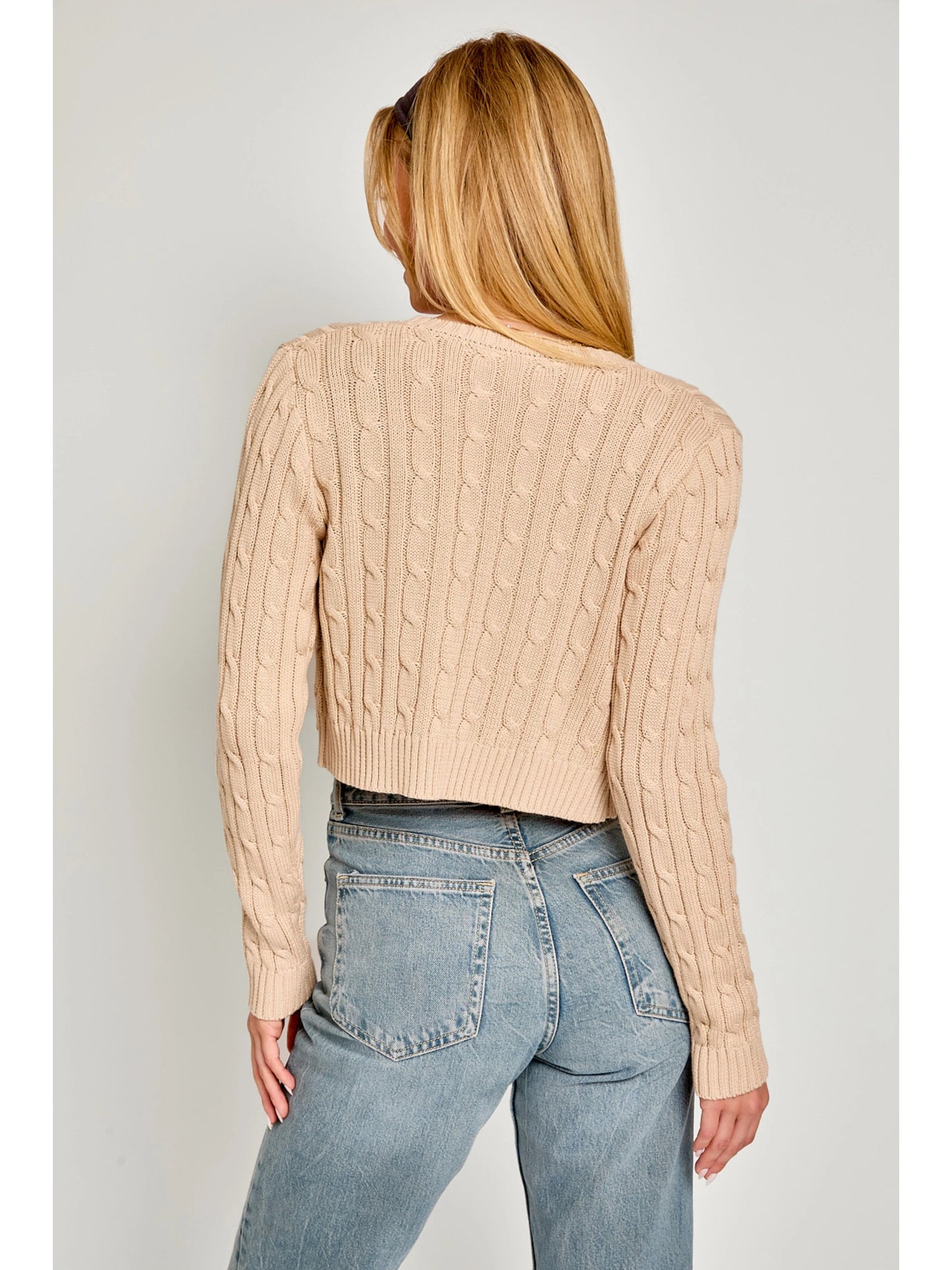 Ruby & Jenna Women's Round Neck Cropped Cable Sweater Cardigan