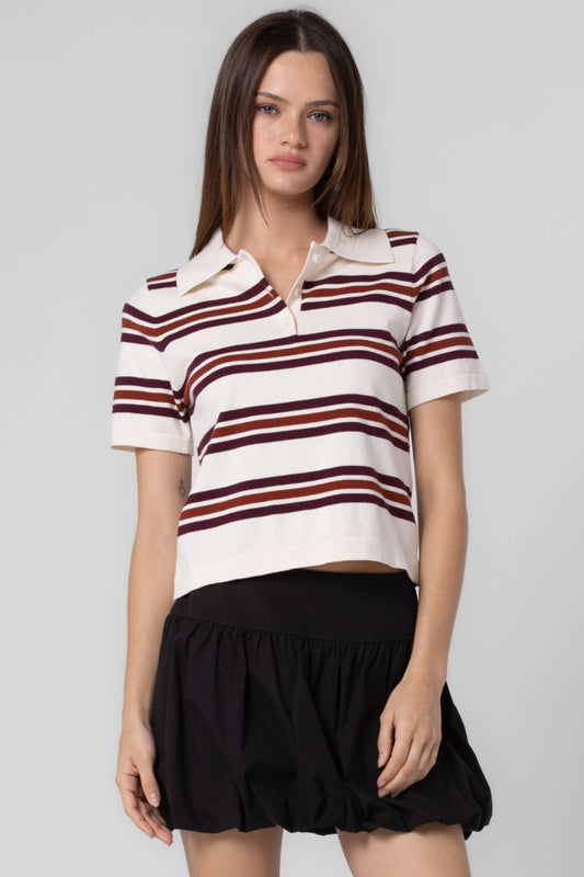 Ruby & Jenna Women's Knitted Cotton Stripe Polo Top