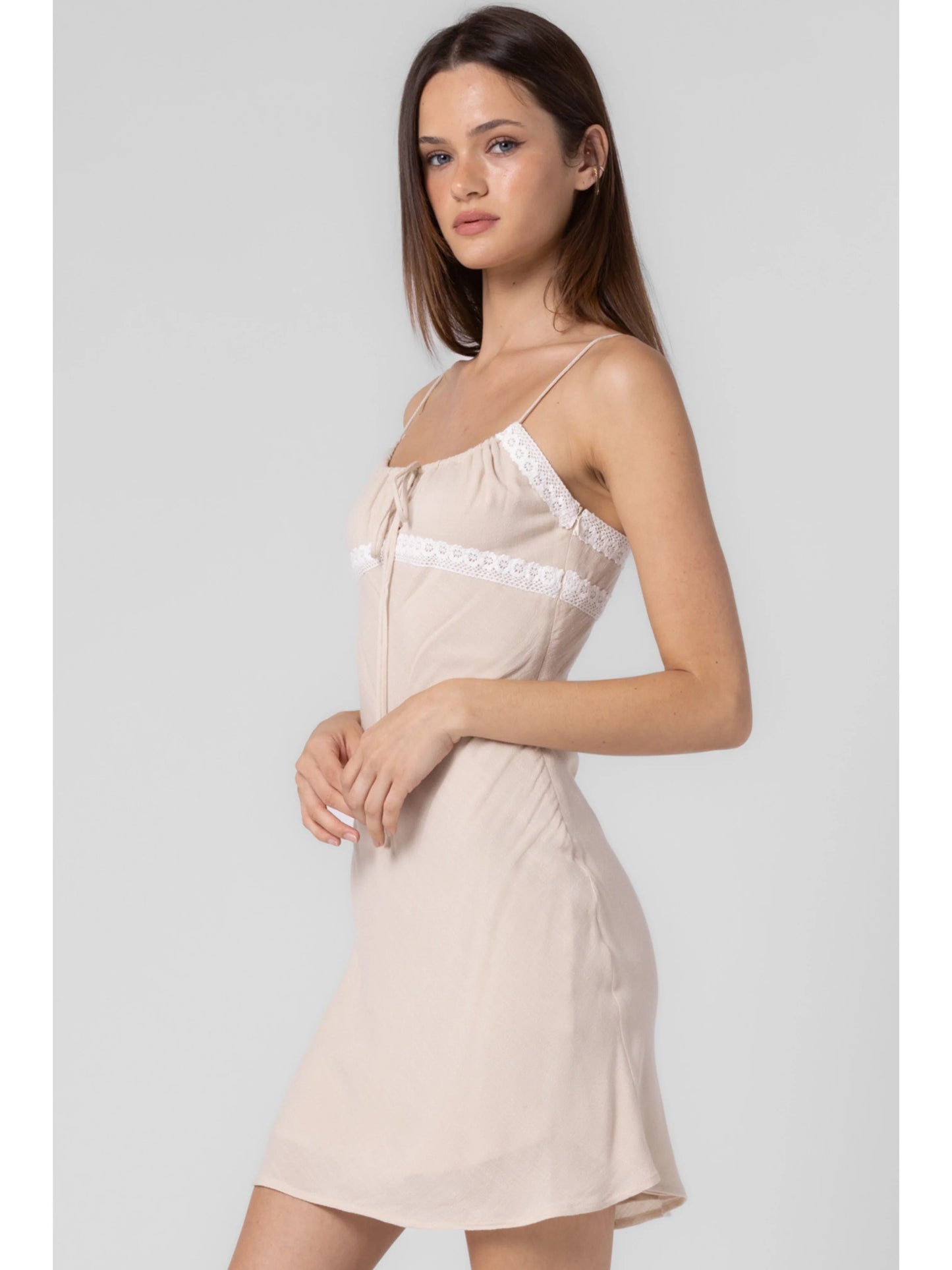 Ruby & Jenna Women's Beige Lace-Trim Mini Dress