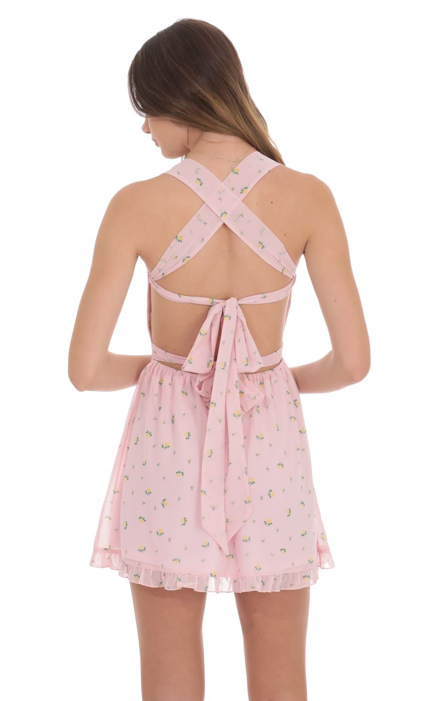 Lucy in the Sky Floral Strappy Back Bows Dress in Pink