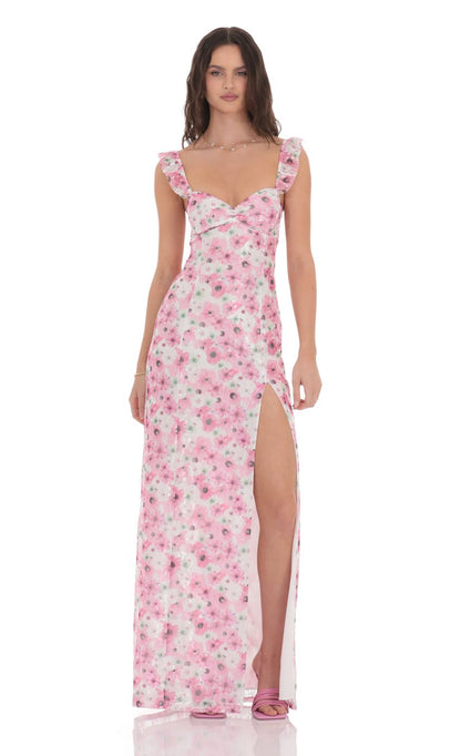 Lucy in the Sky Lace Floral Ruffle Sleeve Maxi Dress in White