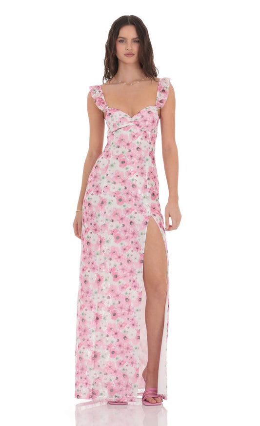 Lucy in the Sky Lace Floral Ruffle Sleeve Maxi Dress in White