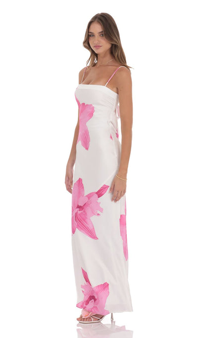 Lucy in the Sky Satin Floral Open Back Maxi Dress in White