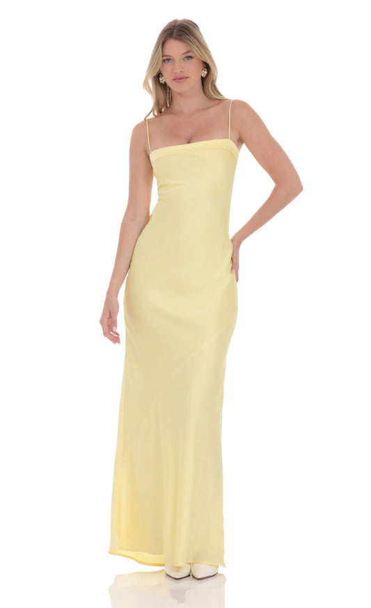 Lucy in the Sky Satin Open Back Maxi Dress in Yellow