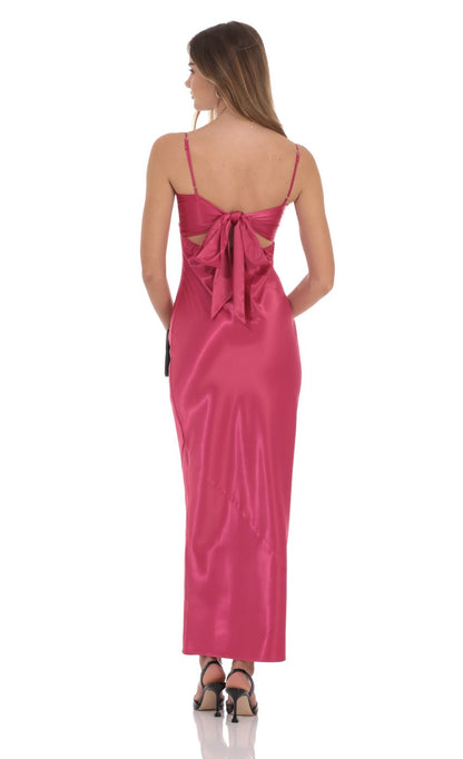 Lucy in the Sky Satin Back Tie Maxi Dress in Magenta