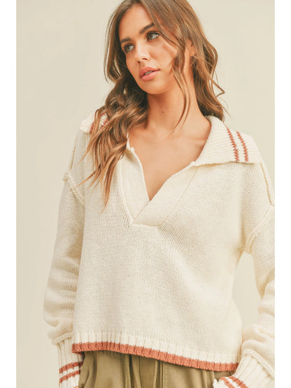 Ruby & Jenna Women's COLOR CONTRASTED COLLAR SWEATER TOP