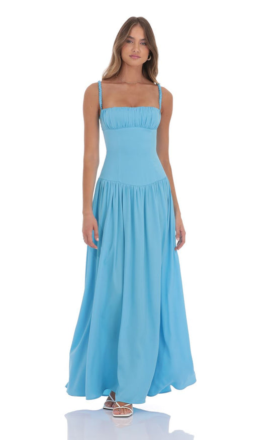 Lucy in the Sky Satin Ruched Bust Maxi Dress in Aqua Blue